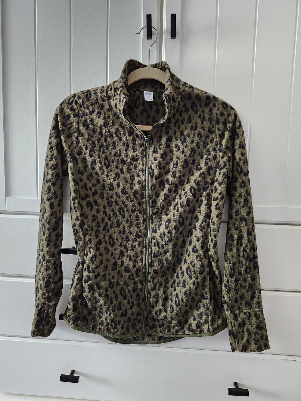 Leopard Print Full-Zip Fleece Jacket - Olive Sz Xs